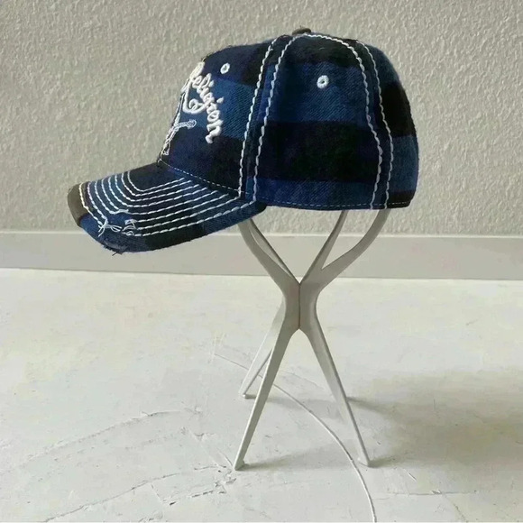 Vintage TRUE RELIGION Hat Distressed Blue Plaid Buddha Baseball Trucker RARE - Picture 2 of 9